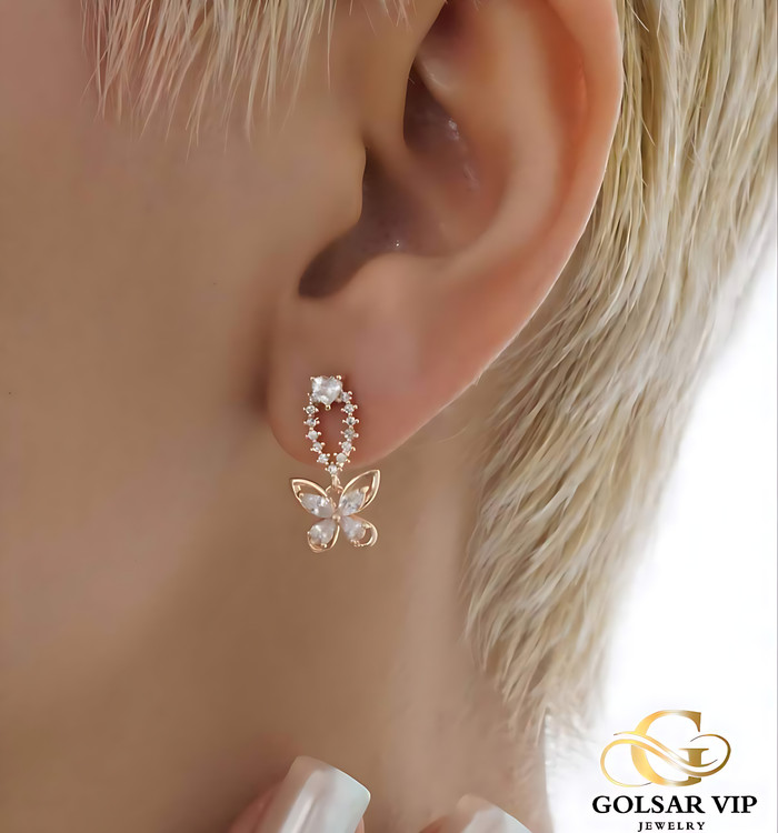 گوشواره آویز پروانه نگینی ژوپینگ رنگ ثابت و ضد حساسیت آلیاژ استیل با آبکاری طلا کیفیت بالا