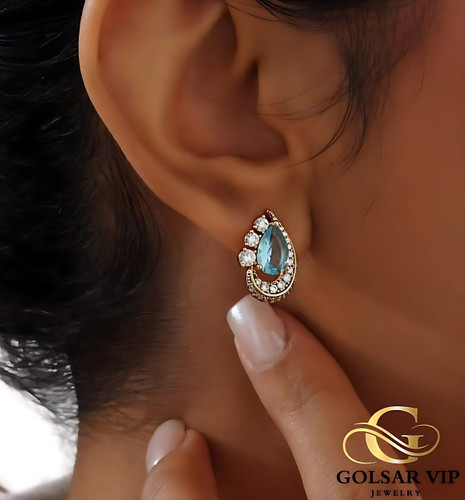 گوشواره اشک نگین آبی ژوپینگ رنگ ثابت و ضد حساسیت آلیاژ استیل با آبکاری طلا کیفیت بالا