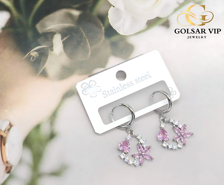 گوشواره گل با قلب نگینی رنگ ثابت و ضد حساسیت آلیاژ استیل با کیفیت بالا