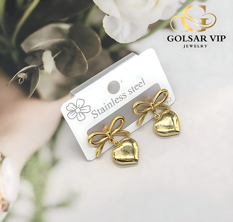گوشواره پاپیون آویز قلب رنگ ثابت و ضد حساسیت آلیاژ استیل با آبکاری طلا کیفیت عالی