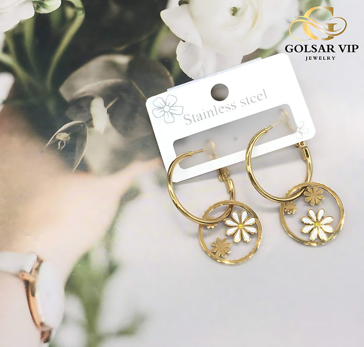 گوشواره بابونه رنگ ثابت و ضد حساسیت آلیاژ استیل با آبکاری طلا کیفیت عالی