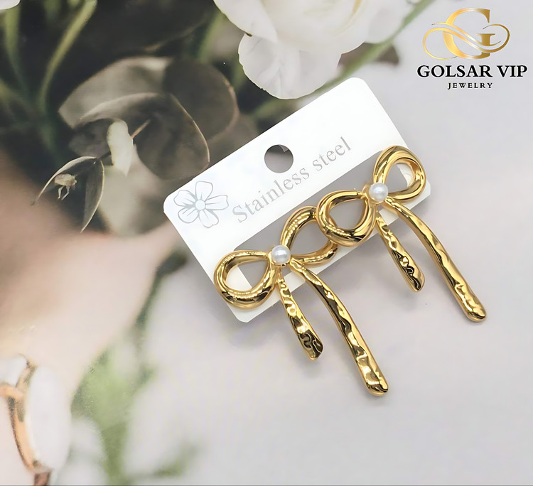 گوشواره پاپیون رنگ ثابت و ضد حساسیت آلیاژ استیل با آبکاری طلا کیفیت عالی