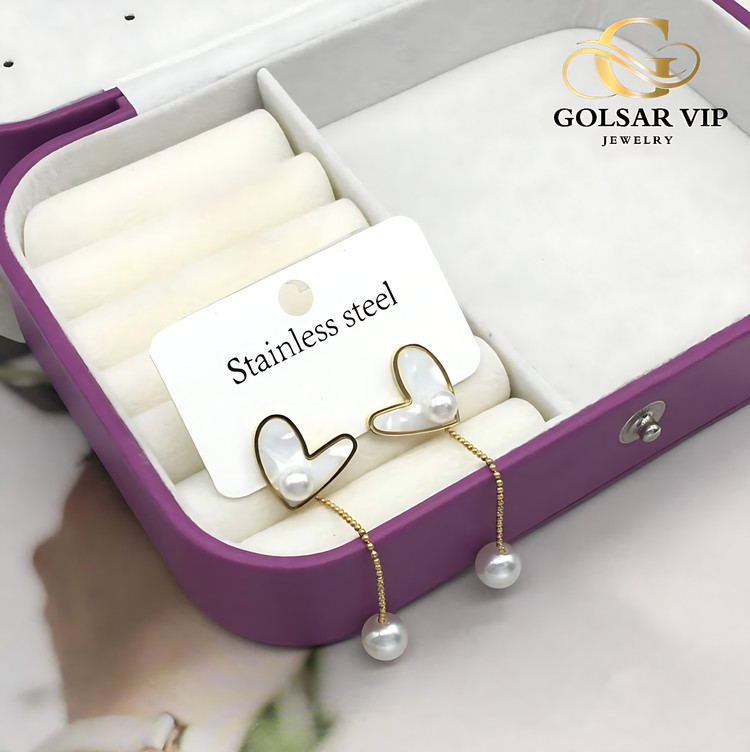 گوشواره قلب فانتزی با آویز مرواید رنگ ثابت و ضد حساسیت آلیاژ استیل با آبکاری طلا کیفیت بالا