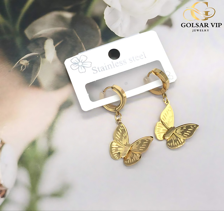 گوشواره آویز پروانه رنگ ثابت و ضد حساسیت آلیاژ استیل با آبکاری طلا کیفیت بالا