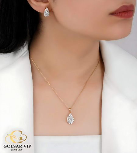 نیم ست گوشواره و گردنبند طلایی طرح اشک نگین ژوپینگ | XUPING