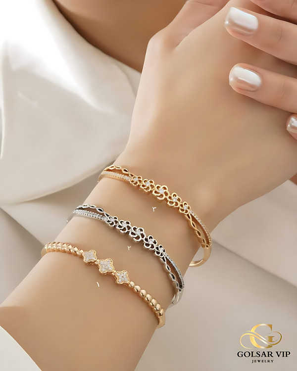 دستبند النگویی نقرهای طرح گل ژوپینگ رنگ ثابت و ضدحساسیت آلیاژ استیل با کیفیت عالی