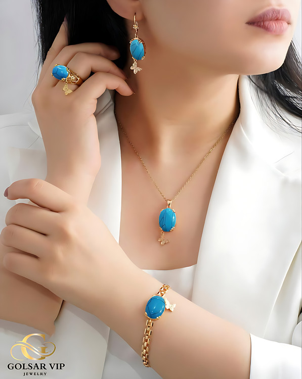 سرویس استیل طلایی طرح نگین آبی آویز پروانه