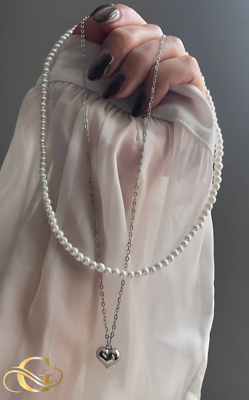 خرید گردنبند قلب دو لاین مروارید
