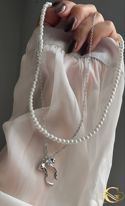 خرید گردنبند استیل پاپیون دولاین مرواریدی