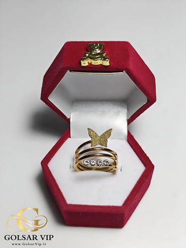 انگشتر پروانه طلایی ابرنگی رنگ ثابت و ضد حساسیت آلیاژ استیل