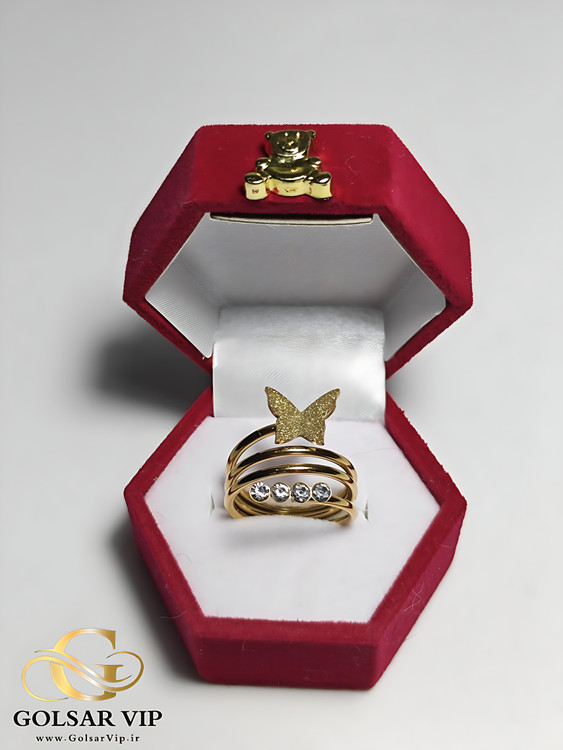 انگشتر پروانه طلایی ابرنگی رنگ ثابت و ضد حساسیت آلیاژ استیل