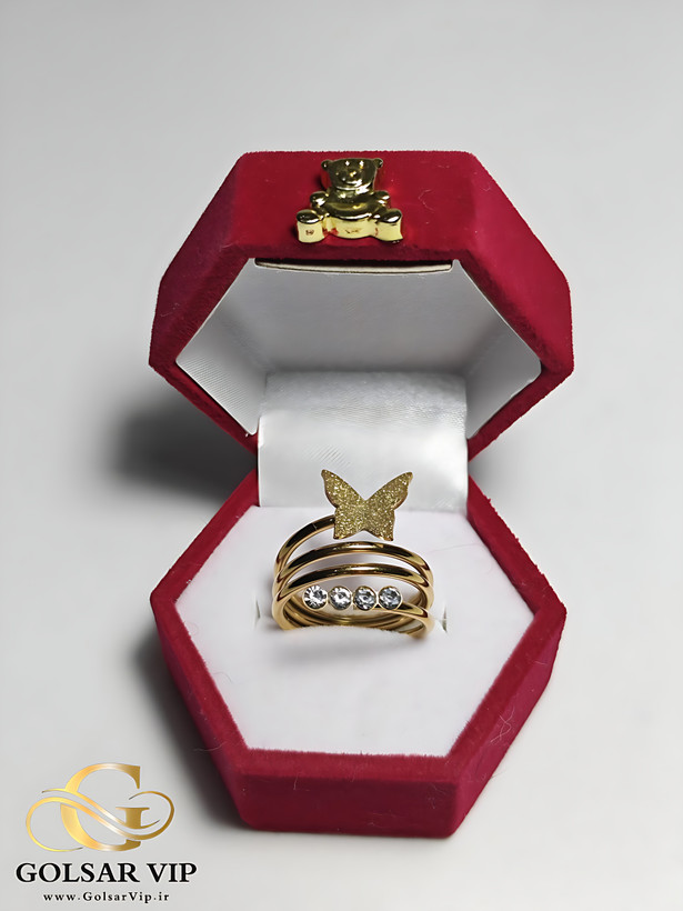 انگشتر پروانه طلایی ابرنگی رنگ ثابت و ضد حساسیت آلیاژ استیل