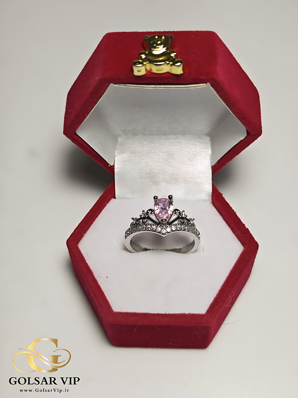 انگشتر تاج تک نگین صورتی رنگ ثابت و ضد حساسیت آلیاژ استیل