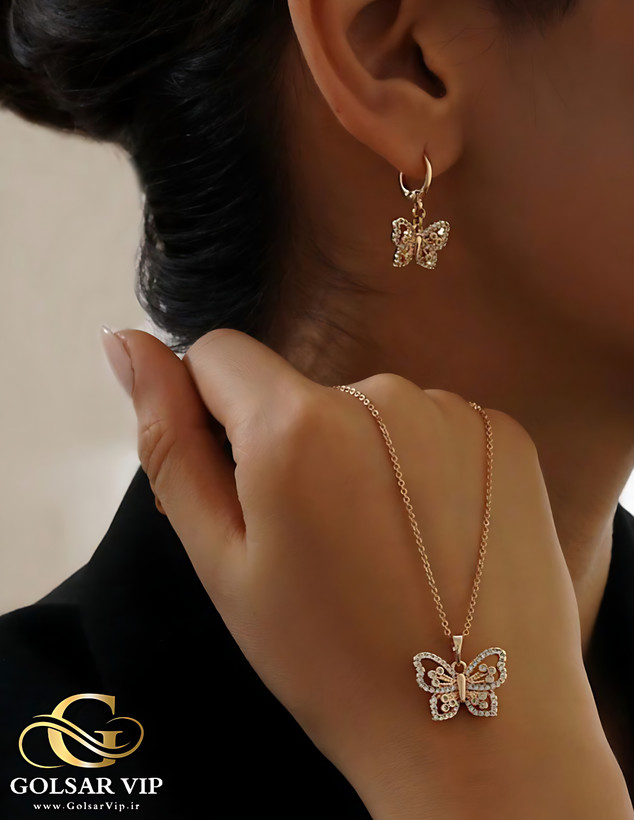 نیم ست استیل طلایی طرح پروانه رنگ ثابت و ضد حساسیت