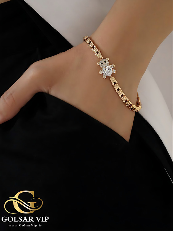 دستبند استیل طلایی طرح تدی نگین براق رنگ ثابت و ضد حساسیت آلیاژ استیل با آبکاری طلا کیفیت عالی