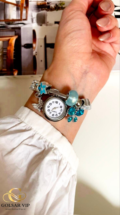 دستبند پاندورا طرح ساعت پروانه نگین آبی رنگ ثابت و ضد حساسیت آلیاژ استیل کیفیت بالا