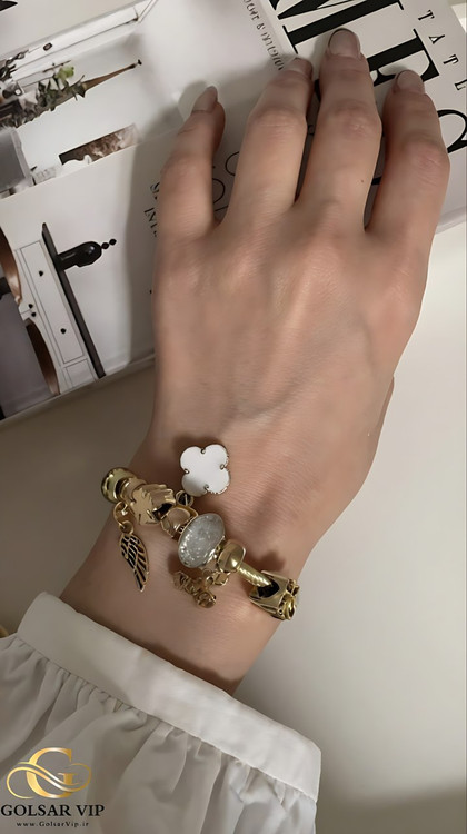 دستبند پاندورا ونکلیف سفید رنگ ثابت و ضد حساسیت آلیاژ استیل با آبکاری طلا کیفیت بالا