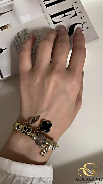 دستبند پاندورا ونکلیف مشکی رنگ ثابت و ضد حساسیت آلیاژ استیل با آبکاری طلا کیفیت بالا