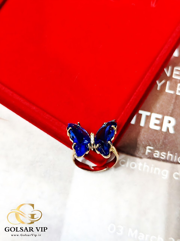 انگشتر استیل پروانه نگین آبی رنگ ثابت و ضد حساسیت