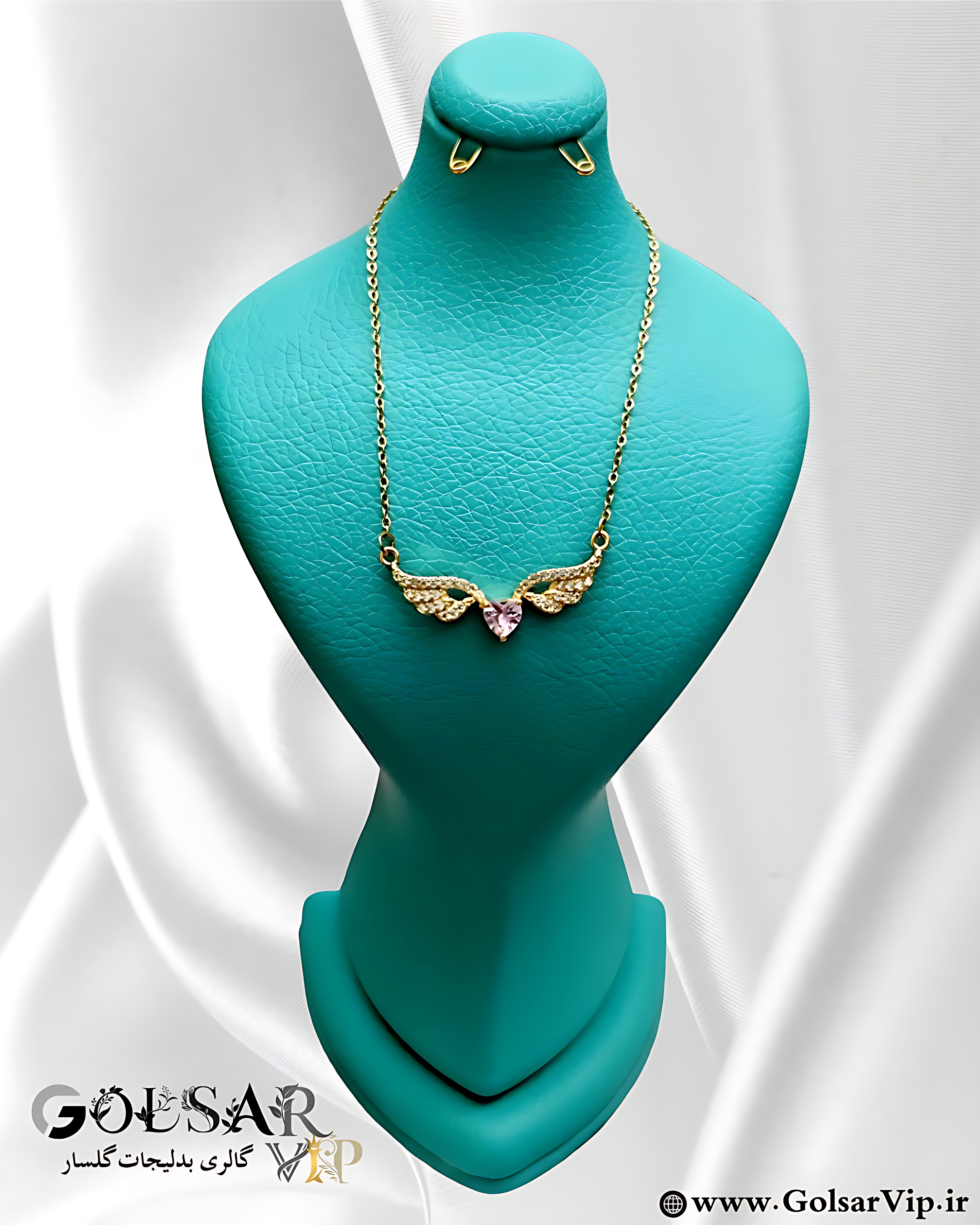 گردنبند قلب بالدار نگین صورتی طلایی رنگ ثابت و ضد حساسیت آلیاژ استیل با آبکاری طلا کیفیت بالا