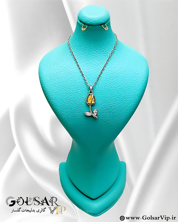 گردنبند رز نگین نارنجی رنگ ثابت و ضد حساسیت آلیاژ استیل کیفیت بالا