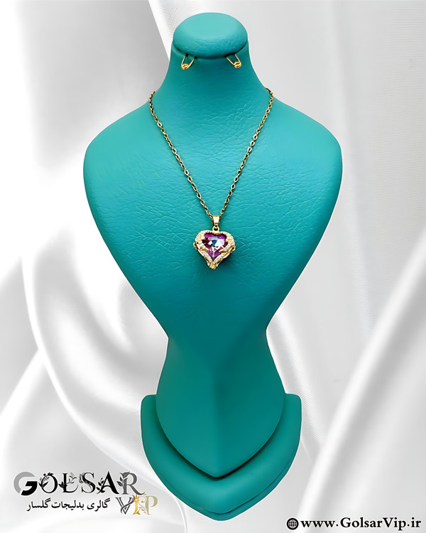 گردنبند قلب نگین صورتی رنگ ثابت و ضد حساسیت آلیاژ استیل کیفیت بالا