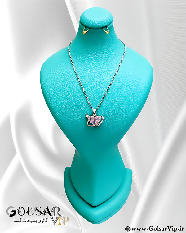 گردنبند قلب نگین صورتی رنگ ثابت و ضد حساسیت آلیاژ استیل کیفیت بالا