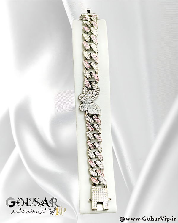 دستبند پروانه فول نگین صورتی رنگ ثابت و ضد حساسیت آلیاژ استیل کیفیت بالا