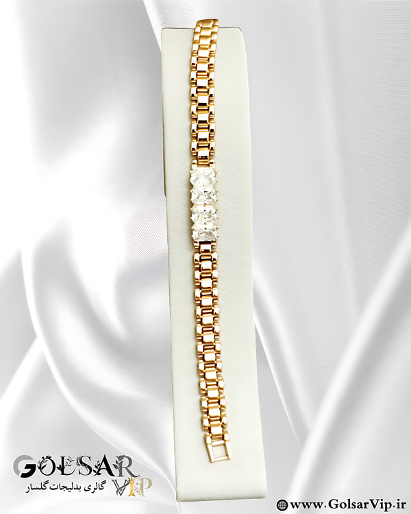 دستبند نگین براق رنگ ثابت و ضد حساسیت آلیاژ استیل با آبکاری طلا کیفیت عالی
