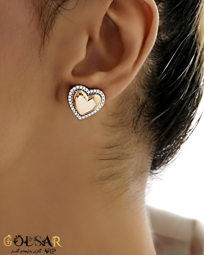 گوشواره قلب دور نگین رنگ ثابت و ضد حساسیت آلیاژ استیل با آبکاری طلا کیفیت بالا