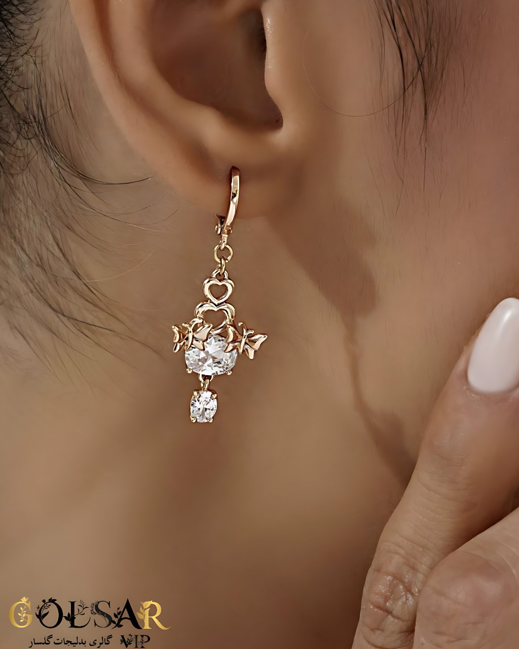 گوشواره قلب پروانه نگینی رنگ ثابت و ضد حساسیت آلیاژ استیل با آبکاری طلا کیفیت بالا