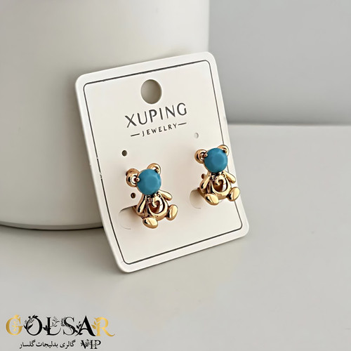 گوشواره تدی نگین فیروزه ای رنگ ثابت و ضد حساسیت آلیاژ استیل با آبکاری طلا کیفیت بالا