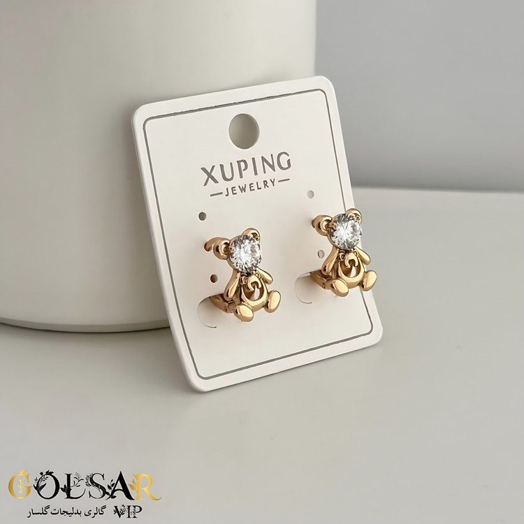 گوشواره تدی نگین براق رنگ ثابت و ضد حساسیت آلیاژ استیل با آبکاری طلا کیفیت بالا