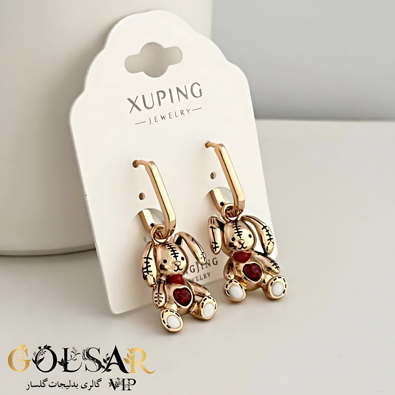 گوشواره خرگوش نگین قرمز رنگ ثابت و ضد حساسیت آلیاژ استیل با آبکاری طلا کیفیت بالا