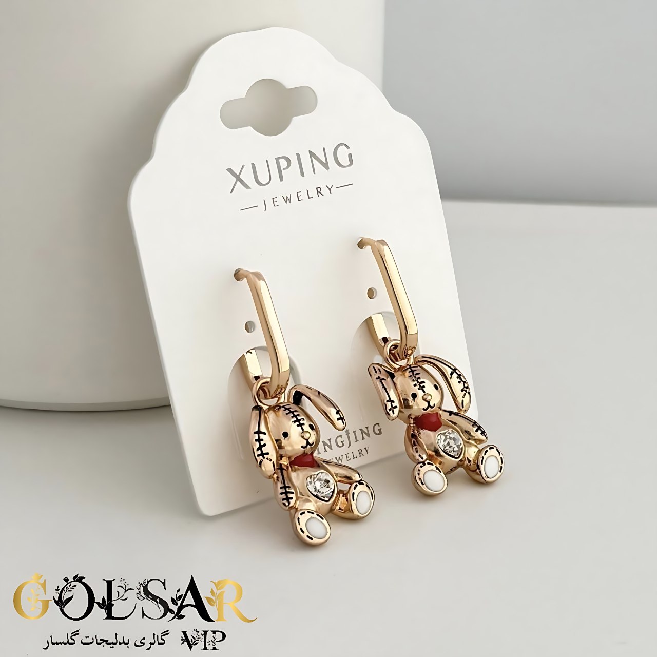 گوشواره خرگوش نگین براق رنگ ثابت و ضد حساسیت آلیاژ استیل با آبکاری طلا کیفیت بالا