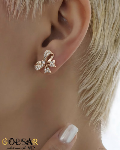 گوشواره پاپیون نگینی رنگ ثابت و ضد حساسیت آلیاژ استیل با آبکاری طلا کیفیت بالا