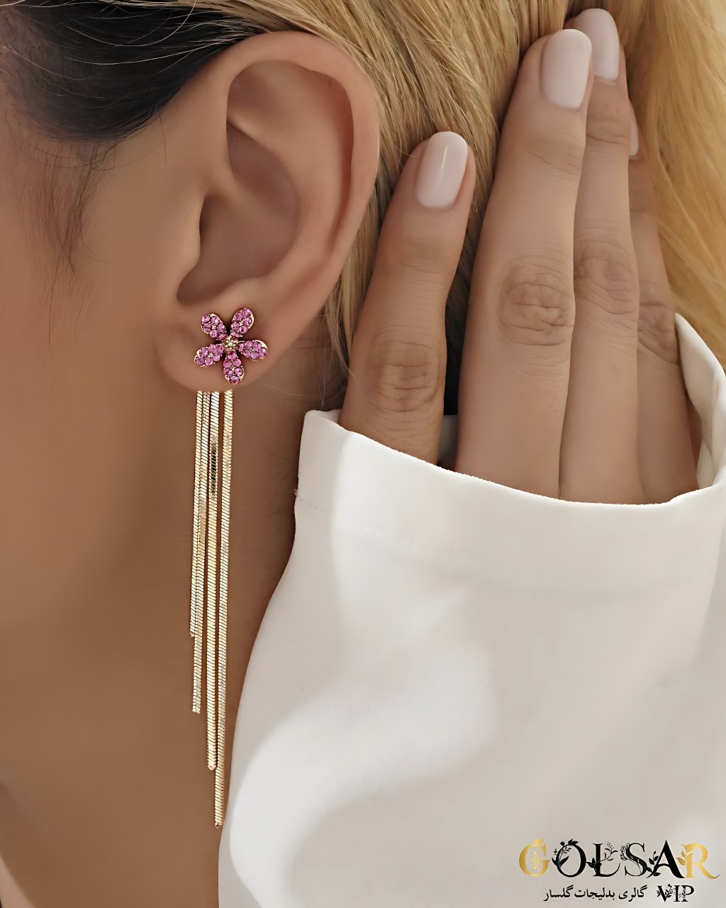 گوشواره گل نگین صورتی رنگ ثابت و ضد حساسیت آلیاژ استیل با آبکاری طلا کیفیت بالا