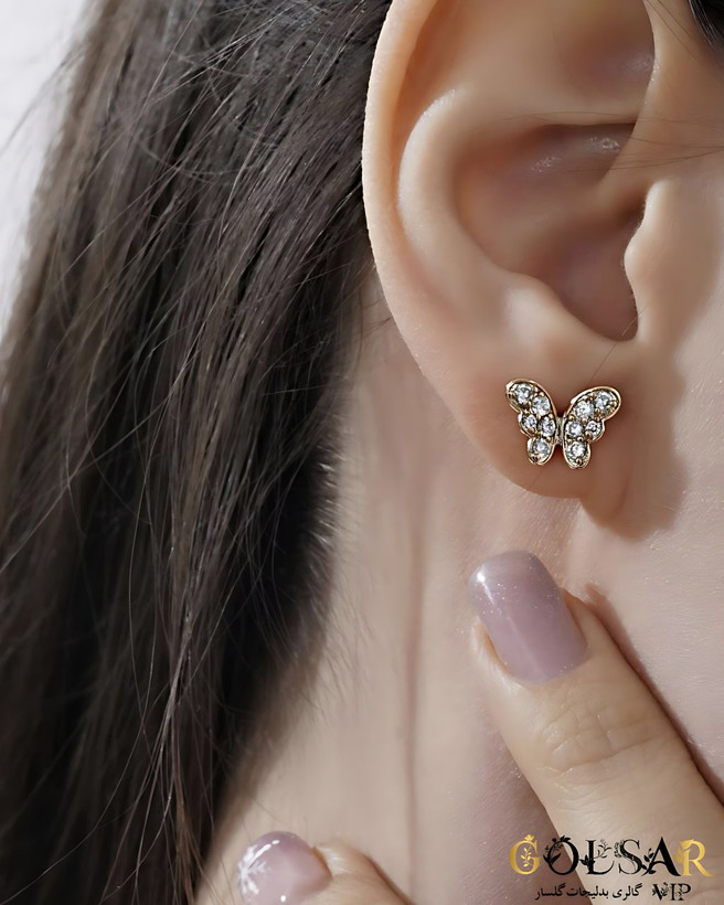 گوشواره پروانه رنگ ثابت و ضد حساسیت آلیاژ استیل با آبکاری طلا کیفیت بالا