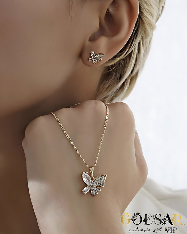 نیمست پروانه نگین براق رنگ ثابت و ضد حساسیت آلیاژ استیل با آبکاری طلا کیفیت عالی