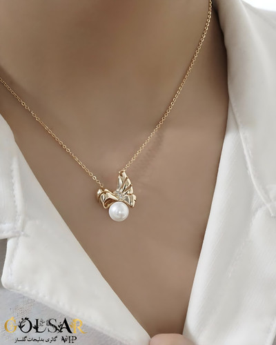 گردنبند آویز مروارید رنگ ثابت و ضد حساسیت - آلیاژ استیل با آبکاری طلا کیفیت عالی