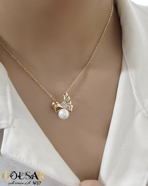 گردنبند آویز مروارید رنگ ثابت و ضد حساسیت - آلیاژ استیل با آبکاری طلا کیفیت عالی