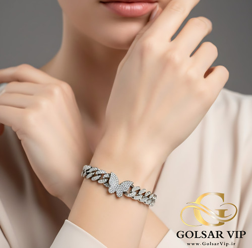 دستبند پروانه فول نگین براق رنگ ثابت و ضد حساسیت آلیاژ استیل کیفیت بالا