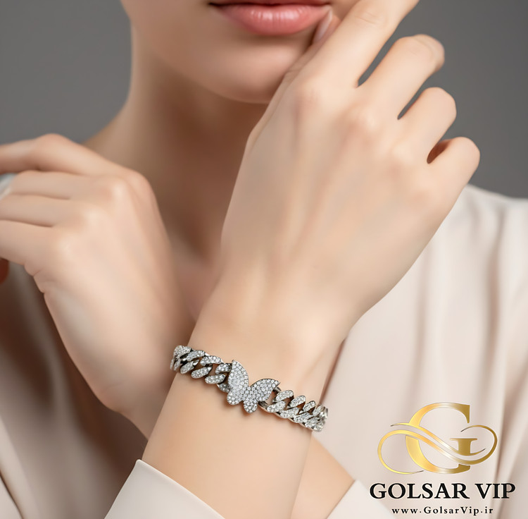 دستبند پروانه فول نگین براق رنگ ثابت و ضد حساسیت آلیاژ استیل کیفیت بالا