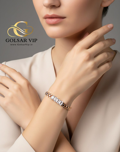 دستبند نگین براق رنگ ثابت و ضد حساسیت آلیاژ استیل با آبکاری طلا کیفیت