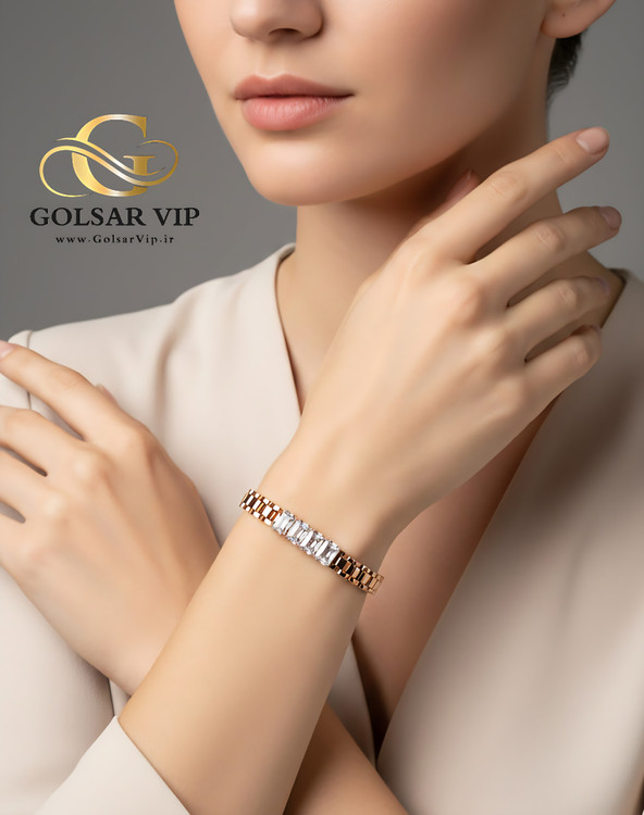 دستبند نگین براق رنگ ثابت و ضد حساسیت آلیاژ استیل با آبکاری طلا کیفیت