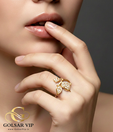 انگشتر پروانه نگینی رنگ ثابت و ضد حساسیت آلیاژ استیل با آبکاری طلا کیفیت عالی