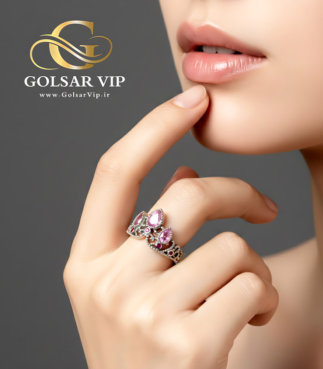 انگشتر تاج ملکه نگین صورتی رنگ ثابت و ضد حساسیت آلیاژ استیل کیفیت بالا