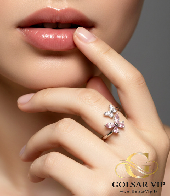 انگشتر پروانه نگین صورتی رنگ ثابت و ضد حساسیت آلیاژ استیل کیفیت بالا