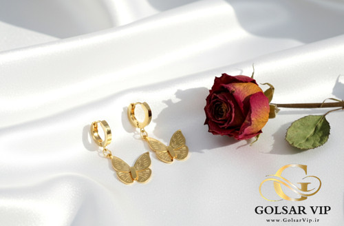 گوشواره آویز پروانه رنگ ثابت و ضد حساسیت آلیاژ استیل با آبکاری طلا کیفیت بالا