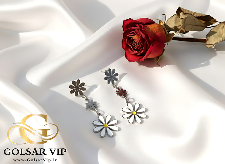 گوشواره بابونه رنگ ثابت و ضد حساسیت آلیاژ استیل با کیفیت عالی